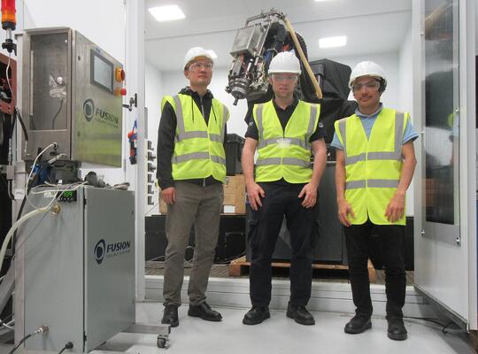 From left to right, Dr Nan Xu, Dr Chris Taylor and Dr Faiz Raihan, pictured with the project’s focal supercritical CO2 and MQL device (left)
