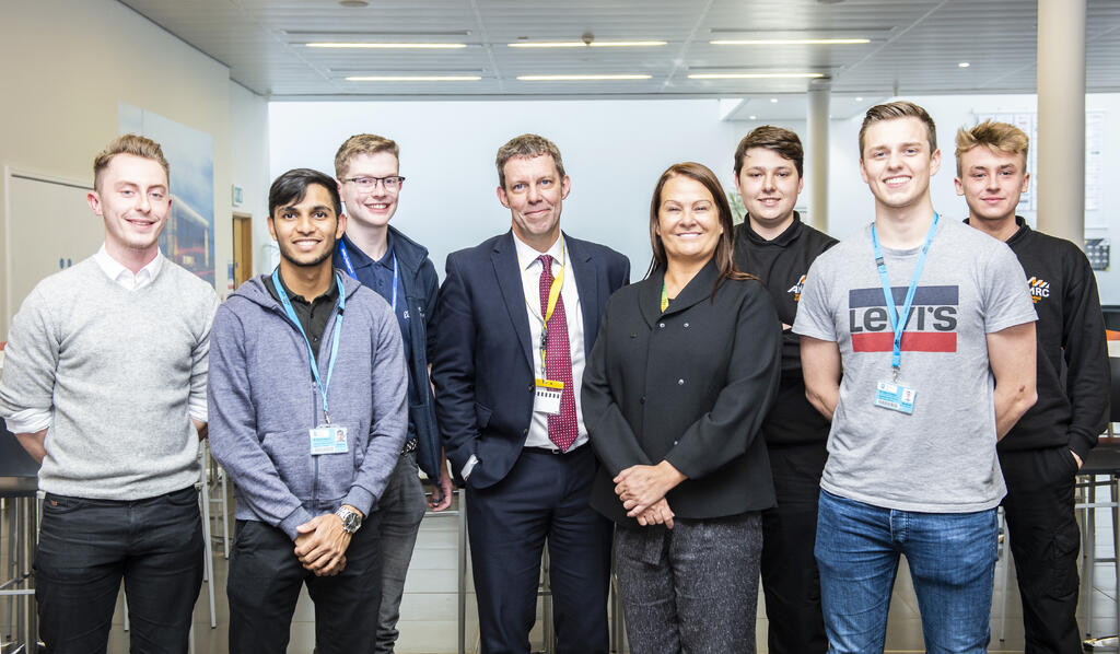 President and Vice-Chancellor of the University, Professor Koen Lamberts with Director of the AMRC Training Centre, Nikki Jones and apprentices.