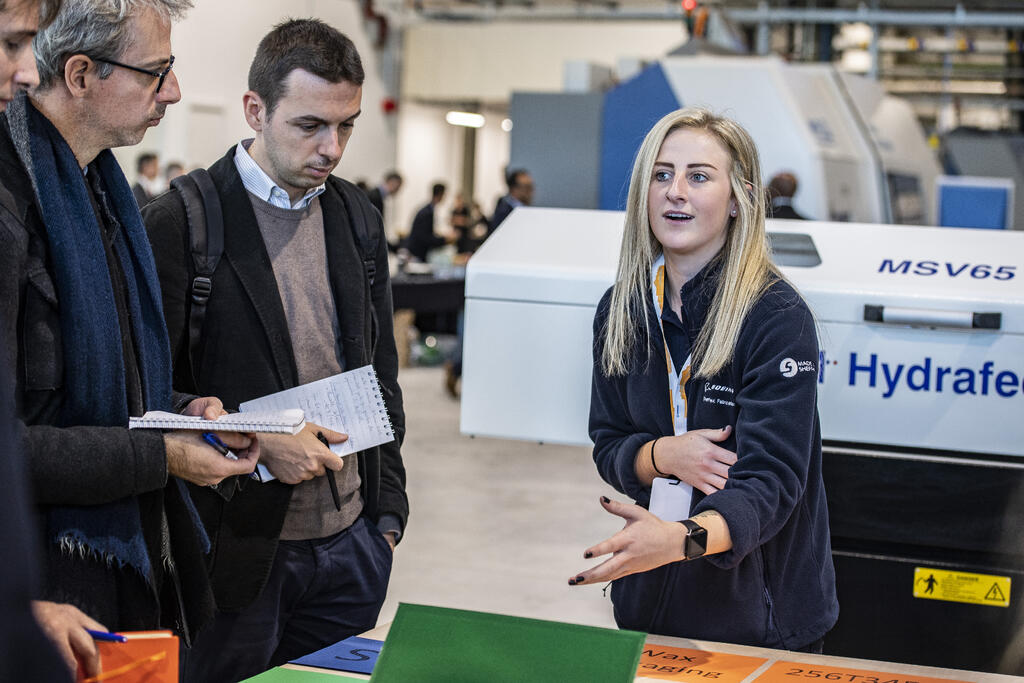 Former AMRC Apprentice of the Year, Leigh Worsdale and now Team Leader at Boeing Sheffield speaks to attendees during the opening of the new factory.