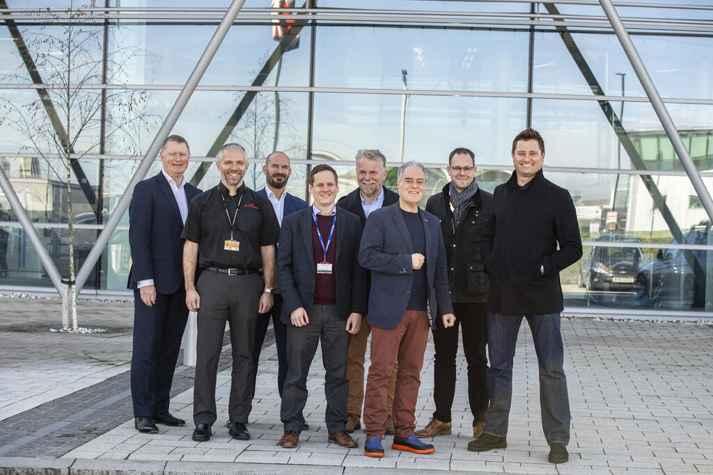 George Clarke, right, with MOBIE members Gerry Ruffles, Mark Farmer, Mark Southgate, Nick Riley, AMRC CEO Colin Sirett, Allan Griffin, head of construction and infrastructure strategy at the AMRC, and Chris Greaves, head of operations at Factory 2050. 