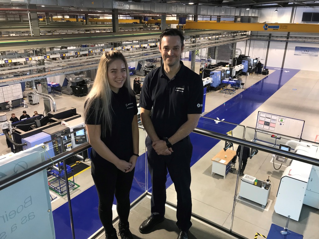 Roisin Chapman-Allison and James Needham on the balcony at the new Boeing Sheffield facility.