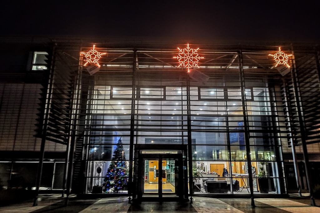 The snowflakes lighting up the exterior of the AMRC Factory of the Future.