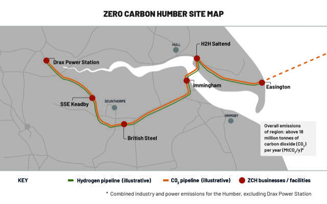 Illustrative map of the Zero Carbon Humber scheme. Pipeline location is illustrative only. 