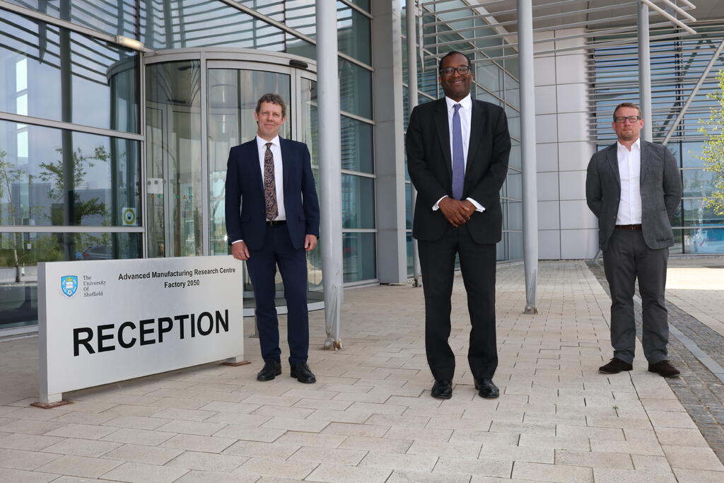 Professor Koen Lamberts, Vice-Chancellor of the University of Sheffield; Kwasi Kwarteng MP, Business Secretary; and Steve Foxley, CEO of the University of Sheffield AMRC.