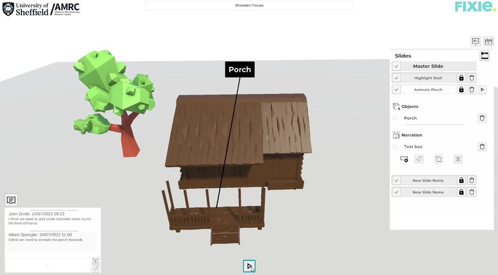 View of the authoring app on the "Animate Porch" slide. The user has added a label narration element and positioned the porch to the spot they would like it to animate to.