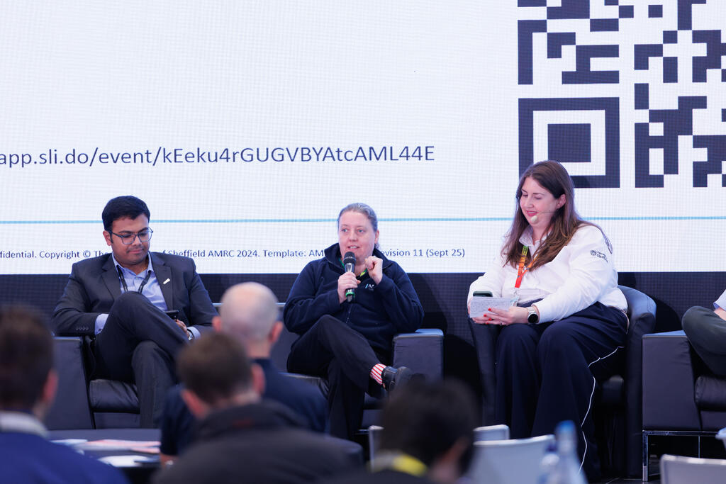Commercialisation manager, Rushabh Shah, and technical fellow, Lindsay Lee, speaking at a panel discussion with event host, Madeleine Lake.